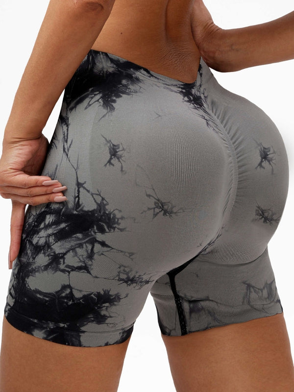 Sıcak Tie-Dye Derin V Sırtlı Buruşuk Kalça Spandeks Spor Salonu Şortu