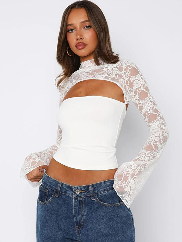 Kadın Şeffaf File Uzun Kollu Düz Renk Bluz