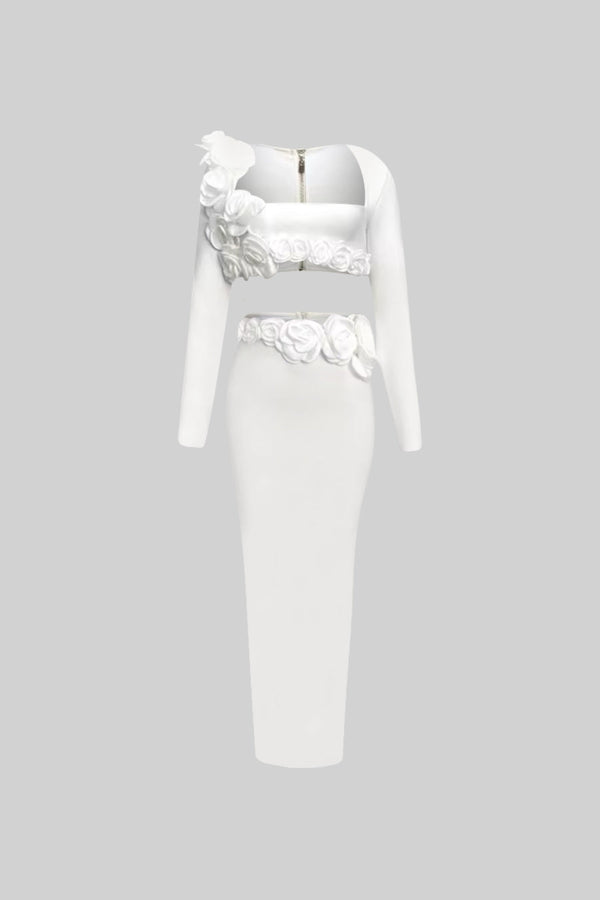 İki Parçalı Çiçek Detaylı Üst ve Maksi Etek