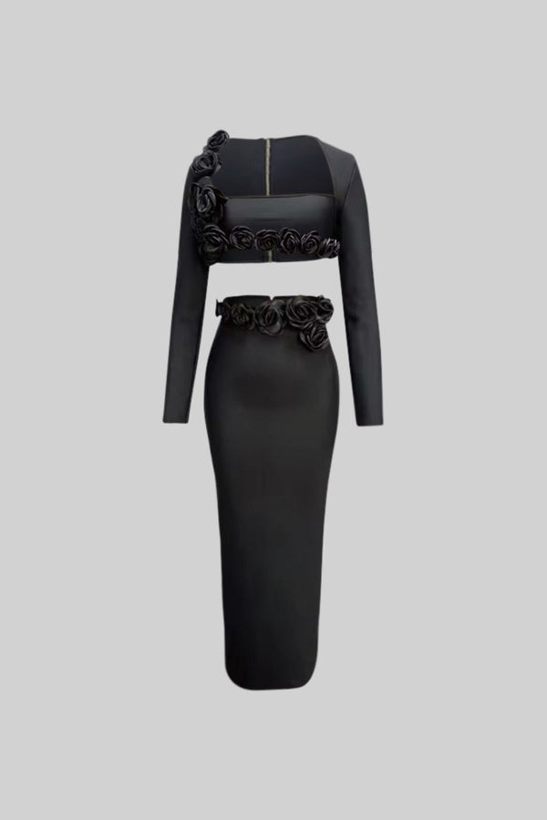 İki Parçalı Çiçek Detaylı Üst ve Maksi Etek