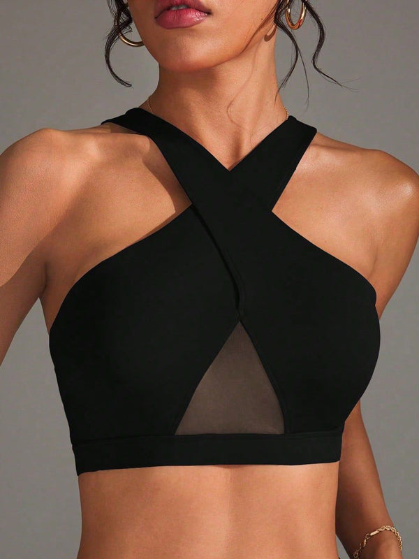 Kadın Şeffaf File Çapraz Tank Top - Şık ve Cazip Düz Renk