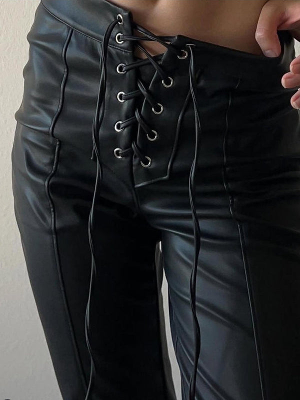 Seksi Deri Dolgulu Tasarım Bağcıklı Bölünmüş Tayt