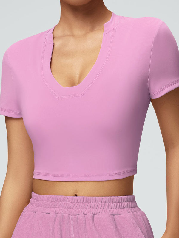 Kadın V Yaka Hızlı Kuruyan Esnek Düz Renk Kısa Kollu Tişört