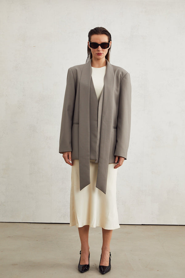 Béatrice Gri Yakasız V Yaka Blazer Ceket