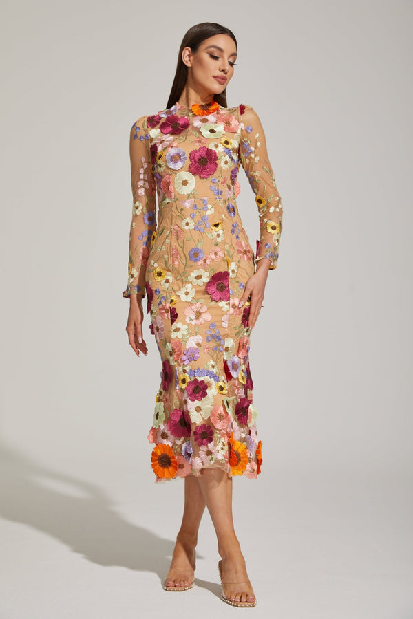 Çiçek Desenli Tül Midi Elbise