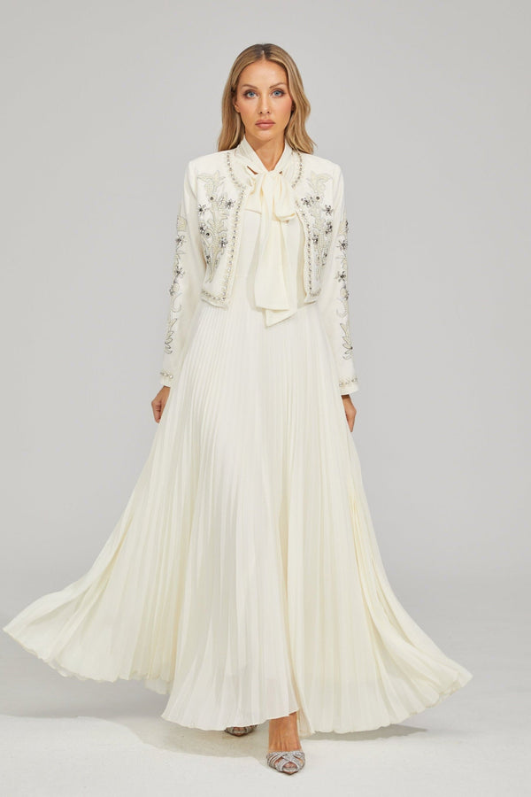 Pileli Maxi Elbise ve Kısa Ceket Takımı