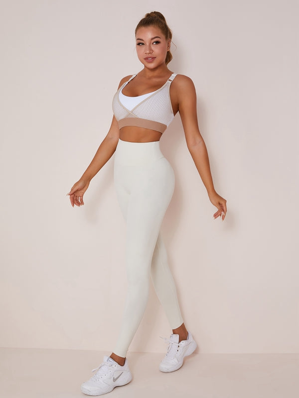 Yüksek Bel Ten Rengi Hızlı Kuruyan File Kontrast Renk Dikişli Tayt