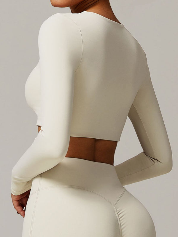 Kadın V-Yaka Düz Renk Uzun Kollu Hızlı Kuruyan Üst