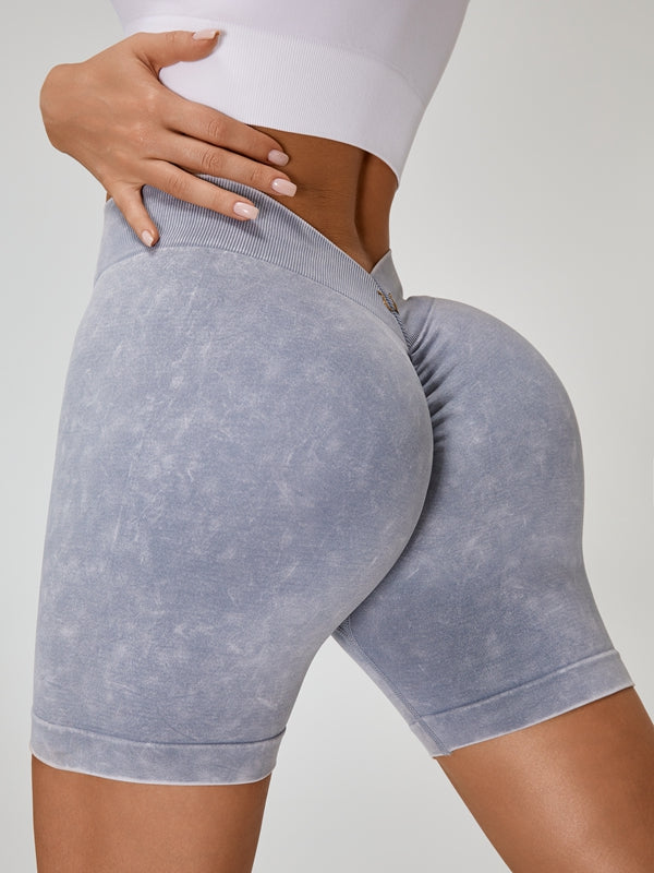 Derin V Sırtlı Sahte Kot Buruşuk Kalça Spandeks Spor Salonu Şortu