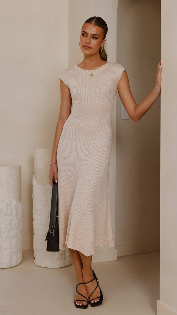 Seona Örgü Midi Elbise - Doğal