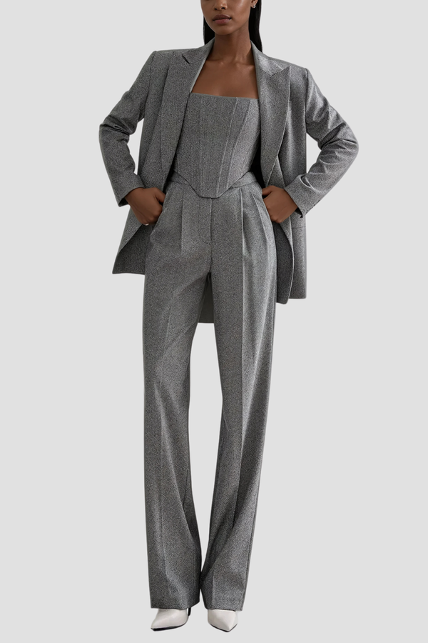 Askısız Üçlü Takım – Ceket, Büstiyer ve Pantolon (Pembe & Gri)