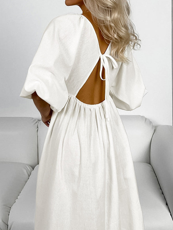 Oversized Puf Kol Düğümlü Midi Elbise