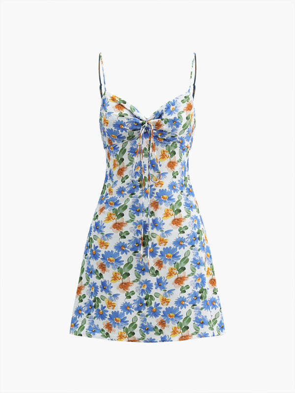 Boho Çiçek Desenli Cami Düğümlü Kısa Elbise