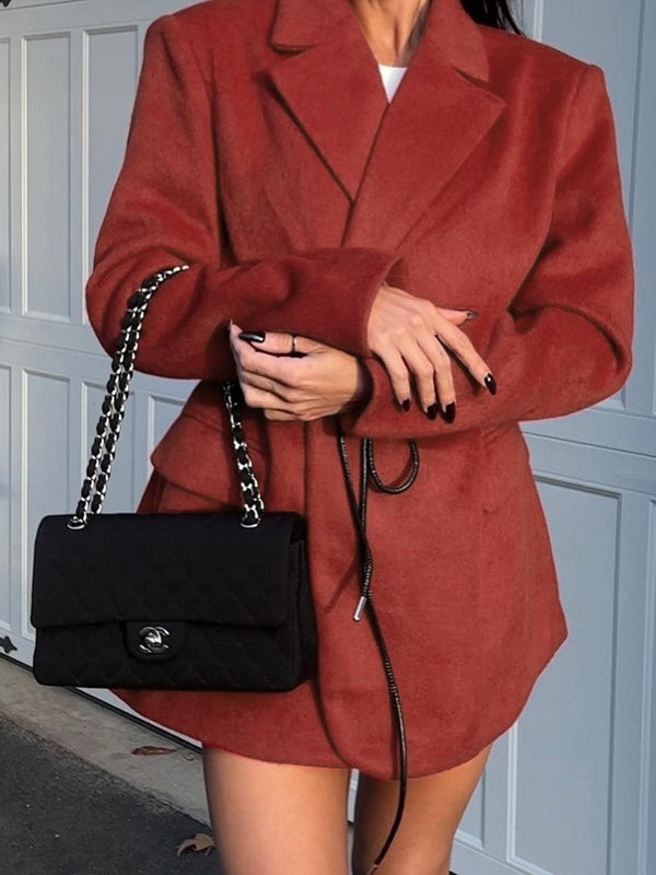 Kiremit Rengi Kuşak Detaylı Yün Blazer Ceket