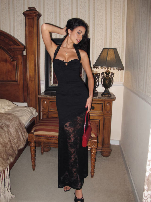 Şık Dantel Aksesuarlı Halter Askılı Elbise