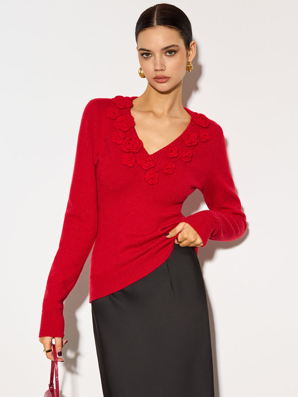 V Yaka 3D Çiçekli Skinny Örgü Kazak