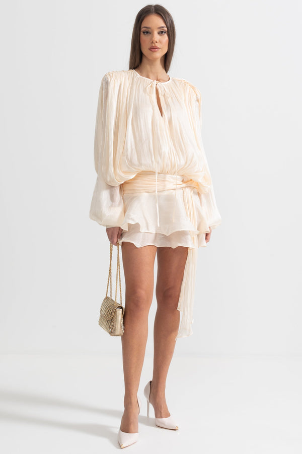 Fırfırlı Uzun Kollu Dökümlü Siluetli Mini Elbise