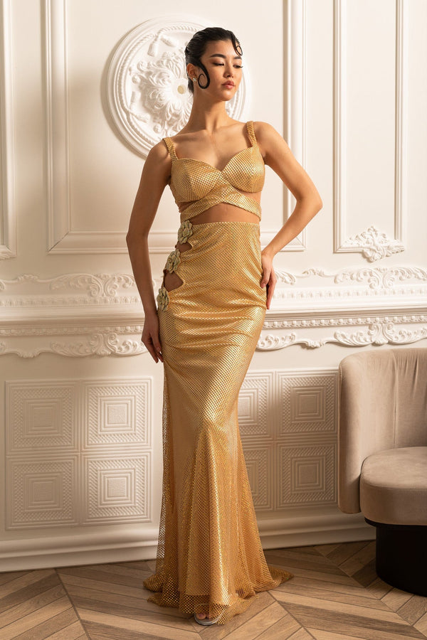 Çiçek Süslemeli ve Dekolteli File Abiye Elbise – Altın