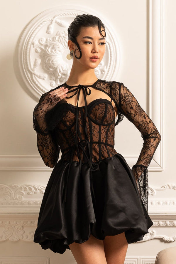 Kurdele Bağlamalı Yaka Detaylı Dantel Korseli Mini Elbise – Siyah