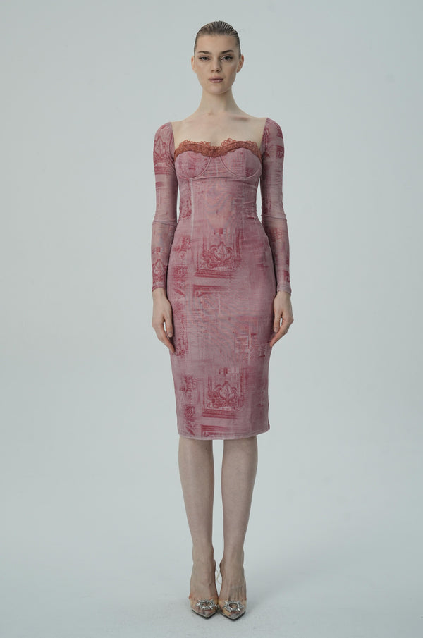 Gül Baskılı Uzun Kollu Bodycon Elbise