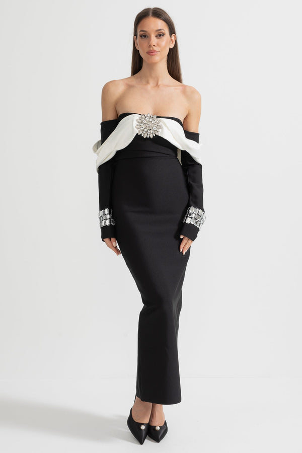 Kontrast Büstiyerli ve Işıltılı Süslemeli Zarif  Elbise