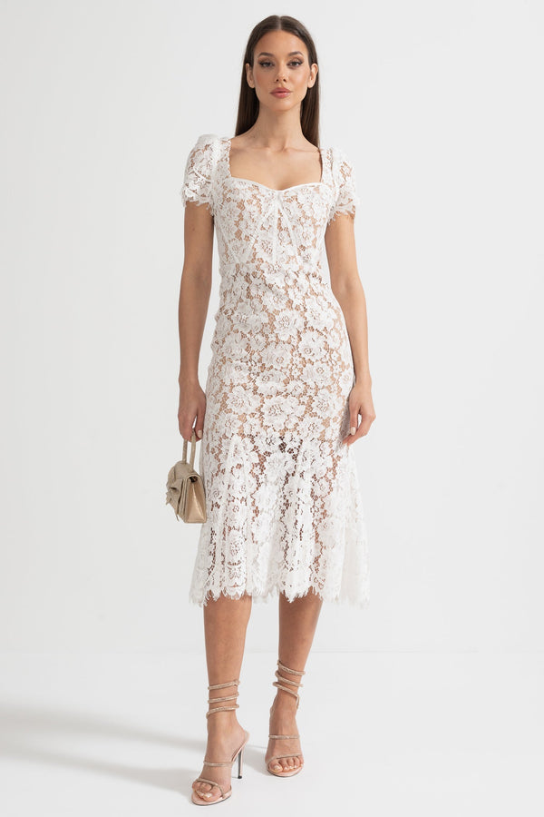 Narin Eşleşen Bel Kemerli Kısa Kollu Dantel Elbise