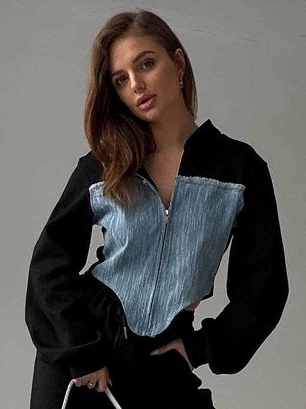 Kadın Kontrast Renkli Denim Fermuarlı Kapüşonlu Üst