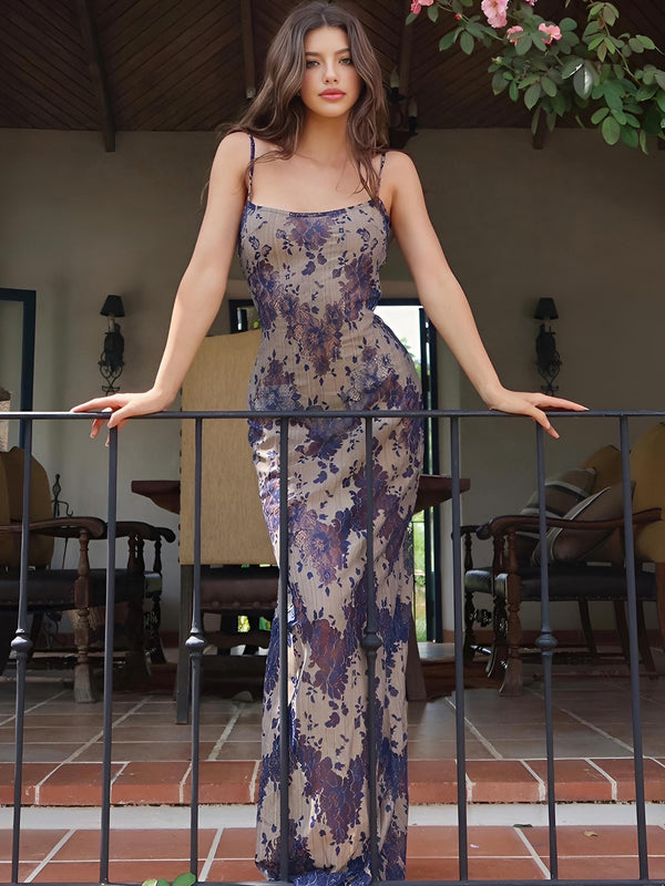 Verna Baskılı Sırt Bağcıklı Uzun Elbise