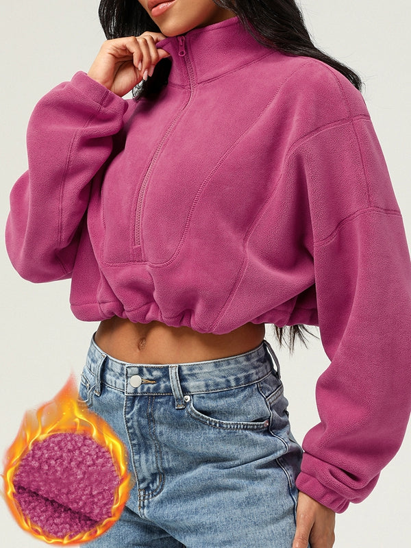 Kadın Polar Kısa Kapüşonlu Yarım Fermuarlı Üst