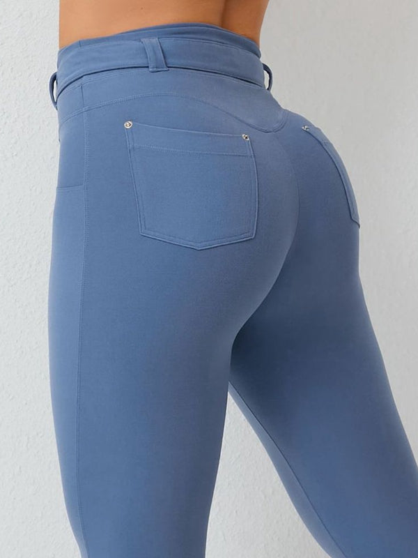 Yüksek Bel Ayarlanabilir Askılı Düz Renk Elastik Sıkı Temel Yoga Taytı