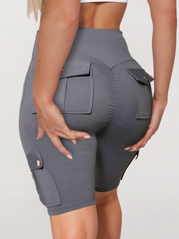 Cepli Buruşuk Kalça Yüksek Bel Kargo Tarzı Spandeks Spor Salonu Şortu