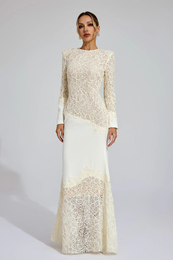 Bej Dantel İşlemeli Maxi Elbise