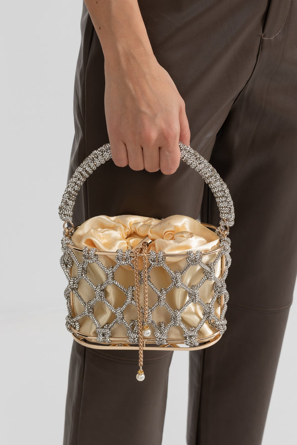 Saten İpli Kese ile Işıltılı Örgü Çanta