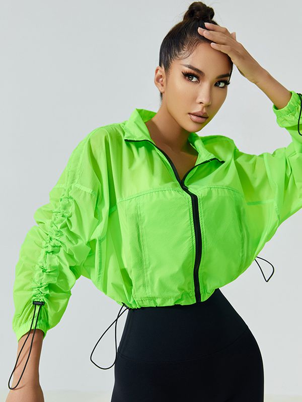 Kadın Anti-UV Fermuarlı Cepli Hızlı Kuruyan Kısa Ceket, Çekme Kordonlu