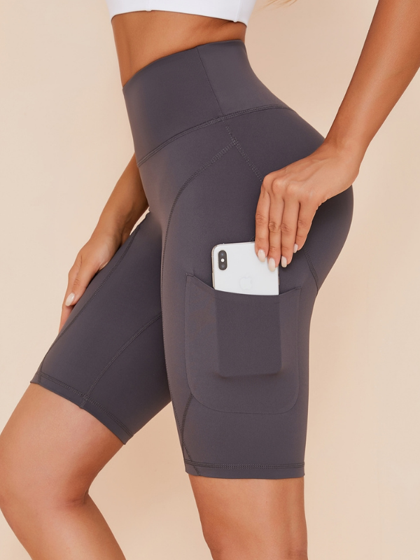 Cepli Düz Renk Yüksek Bel Spandeks Spor Şortu