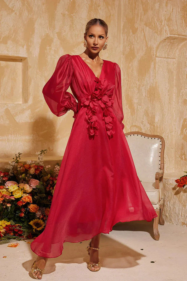 V Yaka Püsküllü Midi Elbise