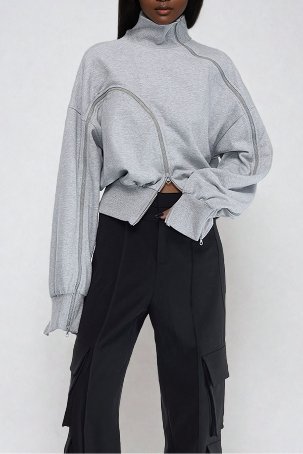 Siyah Asimetrik Fermuar Detaylı Sweat – Modern ve Şık Tasarım