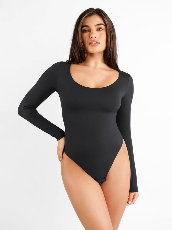 Aysham Dikişsiz Scoop Yaka Uzun Kollu Şekillendirici Bodysuit | Doğal Siluet Vurgusu