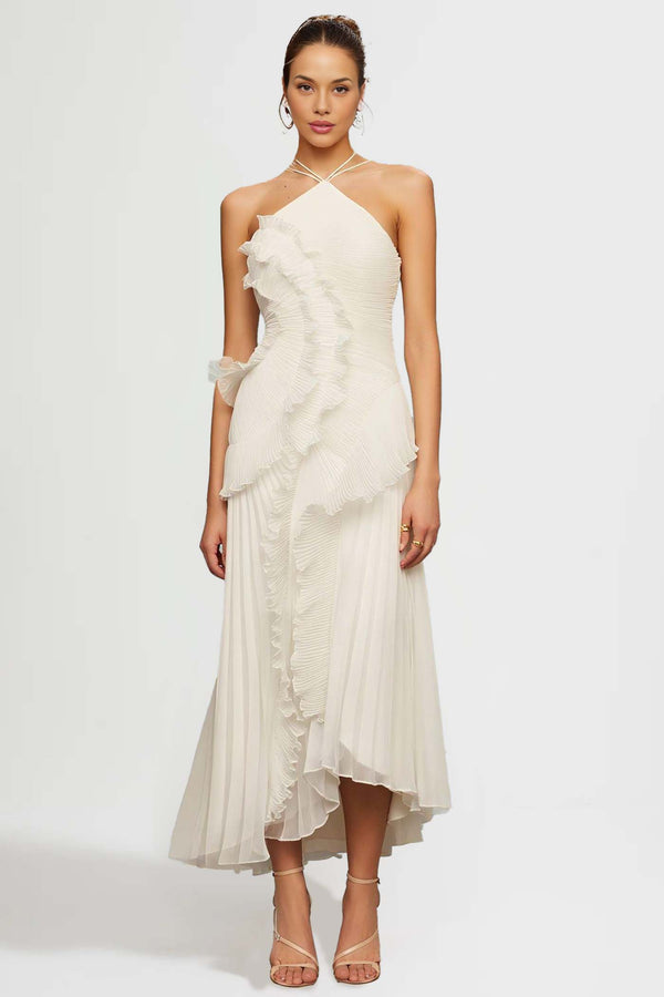 Fırfır Detaylı Pileli Halter Midi Elbise