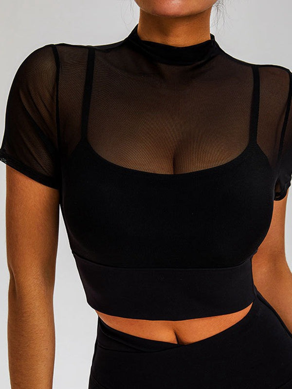 Kadın Şık Şeffaf Ağı Kısa Kollu Bluz