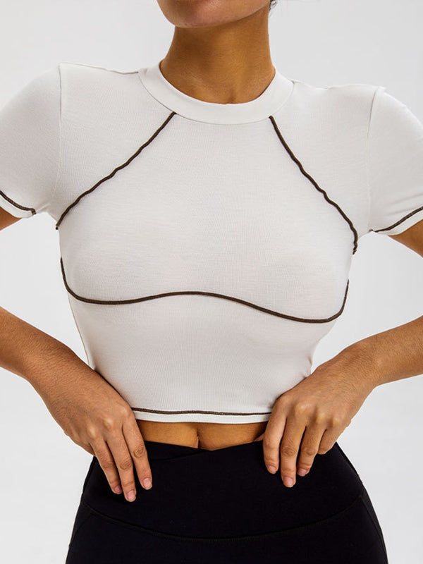 Kadın Şık Kontrast Renkli Çizgili Yüksek Bel Kısa Kollu Bluz