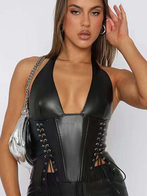 Kadın Suni Deri Bağcıklı Tank Top